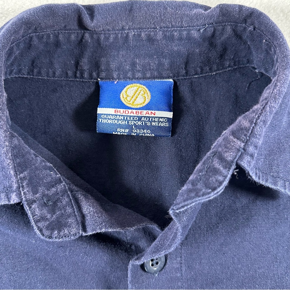 Vintage Budabean Linen Shirt Navy Blue Short Sleeve Button Down Men’s Large - Picture 4 of 5